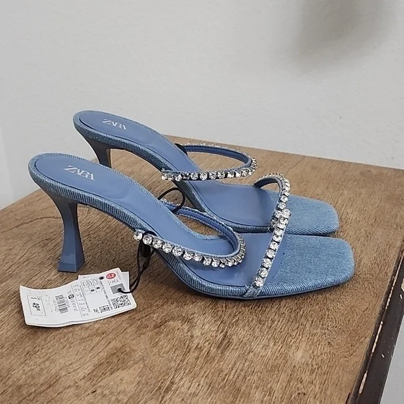 Zara Rhinestone Heeled Denim Sandals size 37 - Picture 2 of 9